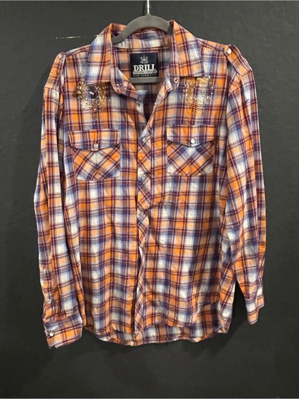 DRILL Orange & Blue Plaid Long-Sleeve Button-Down Shirt some beads missing pics